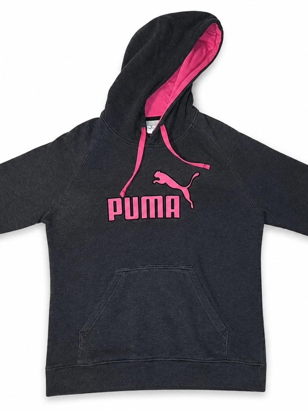 PUMA Women’s Size Large Pullover Hoodie Gray Pink Logo Kangaroo Pocket